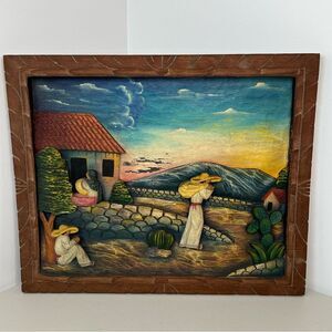 VTG Hand Carved Mexican Folk Art Bas Relief Wood Wall Hanging 19” x 16”